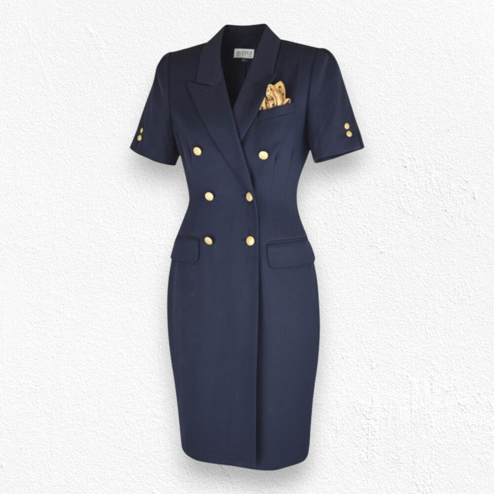 Vintage 80s Navy Gold Button Double Breasted Military Wrap Blazer Dress Size 10